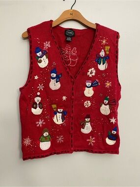 Vintage Christmas Embroidered Snowman Sweater Vest - M